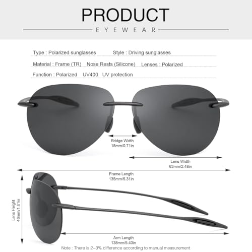 Xspring Polarize Güneş Gözlüğü, Çerçevesiz UV400 Koruma Klasik Aviator Güneş Gözlüğü, Erkekler için Katlanabilir Şık Aviator Güneş Gözlüğü, Sürüş veya Açık Hava Etkinlikleri için Kadın Güneş Gözlüğü