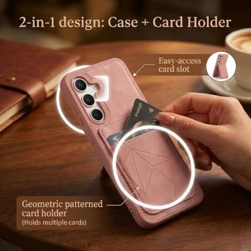 Image of amazon basics Premium Vegan Leather Back Cover with Card Holder and Integrated Mobile Stand for Samsung Galaxy S24FE 5G - Slim Shockproof Wallet Case with Geometric Stitching [Pink]