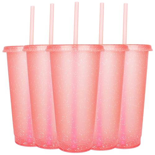 Suertestarry Tumbler with Straw and Lid,Water Bottle Iced Coffee Travel Mug Cup,Reusable Plastic Cups,Perfect for Parties,Birthdays… (Pink), 5pack