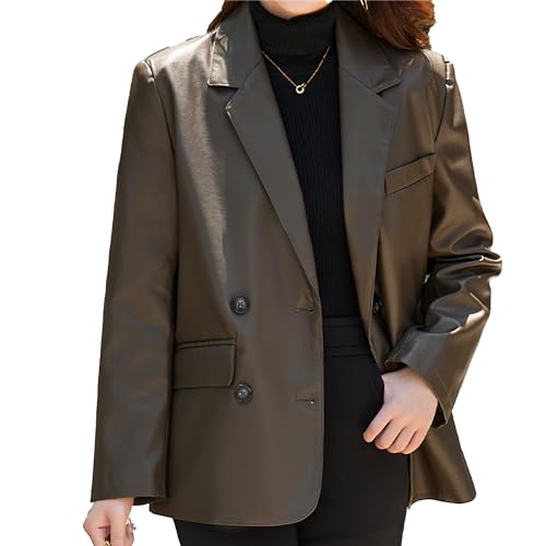 Silunma2021 Chaquetas de traje de cuero con botones para mujer, abrigos de solapa holgados y elegantes, talla grande, casual, manga larga, ropa exterior (color verde tono, L)