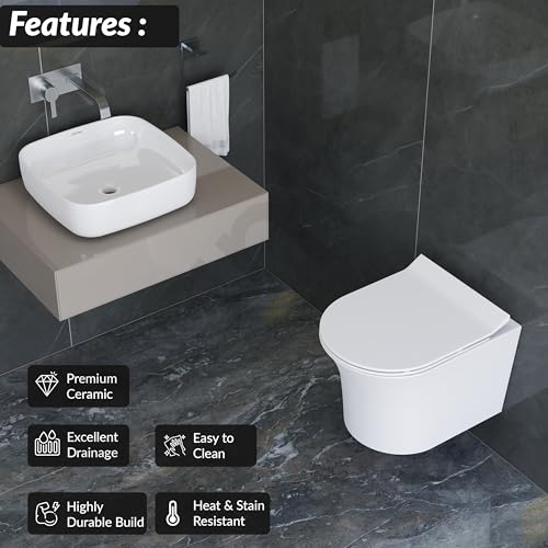 Image of Plantex Platinum Ceramic Rim Wall Mount Commode with Wash Basin for Bathroom /P Trap Washdown Flush Commode with Toilet Seat Cover /Tabletop Basin - White (Combo)