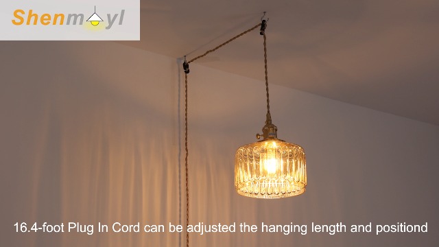 Image of Shenmoyl Plug in Pendant Light Hanging Light Fixtures with Plugin Cord On /Off Switch,Amber Striped Glass Lampshade Brass Pendant Light