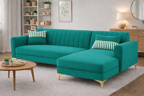 Image of Adorn India Premium Luster 6 Seater L Shape Sofa Set | Velvet Suede Fabric | 3-Year Warranty | RHS |Color Aqua Blue with Golden Legs & Striped Pattern Cushion