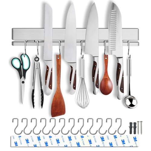 HomeSimplex Soporte magnético para cuchillos de pared de 17 pulgadas sin taladro/taladro con 12 ganchos, adhesivo fuerte, doble magnético, soporte para utensilios de cocina, bloque magnético de acero