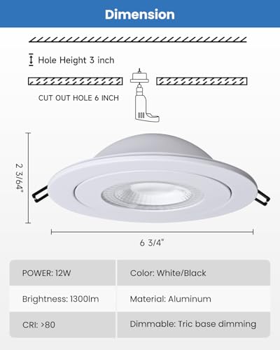 Image of POPANU 6-Inch Gimbal Recessed Light - 12W 90 Tilt & 360 Rotation, 5CCT (2700K-5000K), IC Rated LED Eyeball Recessed Lighting, for Sloped Ceilings, Soffit Light, Hallyway，Kitchens, White 6 Pack