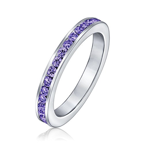 Purple Cubic Zirconia Stackable CZ Channel Set Eternity Band Ring For Women Simulated Amethyst 925 Sterling Silver