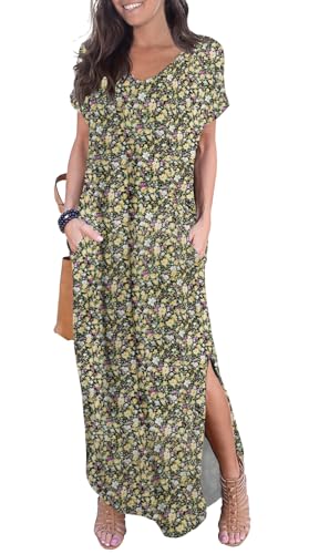 Image of GRECERELLE Women's Summer Maxi Dress Casual Loose V Neck Short Sleeve Side Split Long Dresses with Functional Pockets