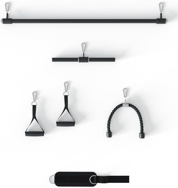 Various cable machine attachments including a straight bar, short bar, two single handles, a tricep rope, and an ankle strap.