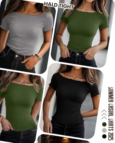 Riyiper 3 Pack Women's Lettuce Trim Boat Neck Tops Ribbed Short Sleeve T-Shirts Crop Slim Fit Summer Basic Tees Shirt2