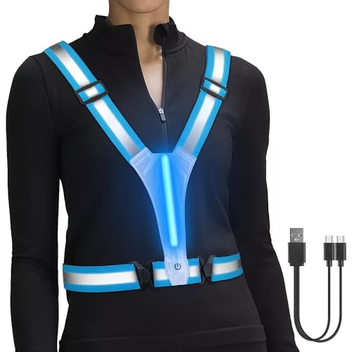HENMI LED Wiederaufladbare USB Lauflicht,Reflektoren Laufweste,Verstellbarer Elastische LED Leuchtweste für Radfahren oder Wandern Joggen Laufen Running-Blau