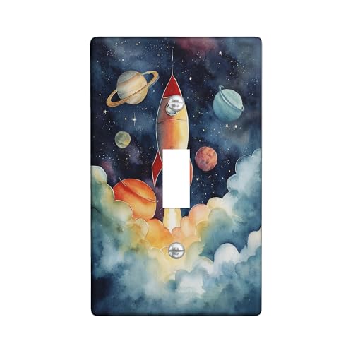 Rocket Single Light Switch Cover Plate, Space Fanciful Planets Clouds N/a Blue Plastic Standard Size Decorative Wall Plates for Home Living Room Bedroom Bathroom Decor (Single)