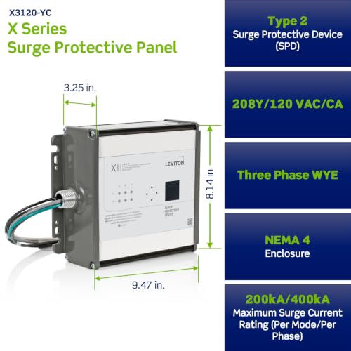 Image of Leviton X3120-YC Type 2 Surge Protective Panel, 208Y /120 VAC, features LCD Screen with Surge Counter, Three Phase WYE, 400kA per Phase