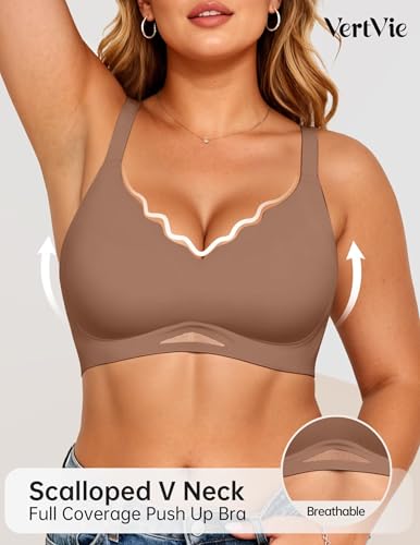 Image of Vertvie Jelly Bras for Women No Underwire Supportive | Seamless Wireless Bralette, Cool Breathable Mesh, Push Up Scalloped V-Neck, Full Coverage Tshirt Bra, Soft Comfortable