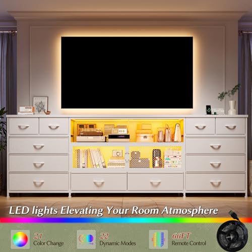 Image of EnHomee 71 inch Long TV Stand for 85 /80 /75 inch TVs with LED,Power Strip,12 Drawers | White Entertainment Center with Open Wooden Shelf, Spacious Storage,Sturdy Metal Frame for Bedroom Living Room