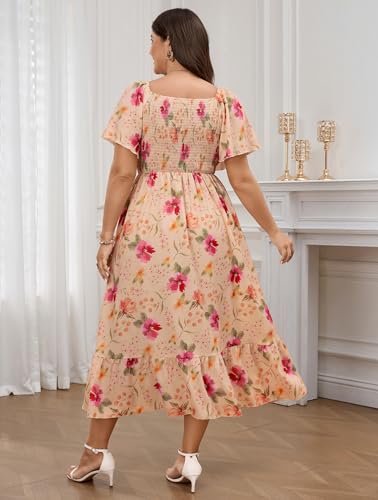 Image of SCOMCHIC Women's Plus Size Summer Dress Casual Short Sleeve Scoop Neck Maxi Dress Smocked Ruffle Boho Flowy Long Dresses