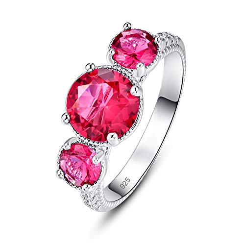 Emsione 925 Sterling Silver Plated Created Ruby Spinel Round Cut 3-Stone Elegant Eternity Promise Ring Engagement Wedding Bands for Women Size 7