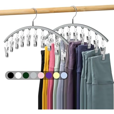 Volnamal Legging Organizer for Closet, Metal Yoga Pants Hanger w/Rubber Coated 2 Pack w/10 Clips Hold 20 Leggings, Hangers Space Saving Hanging Closet Organizer for Closet Organizers and Storage-Grey Cover