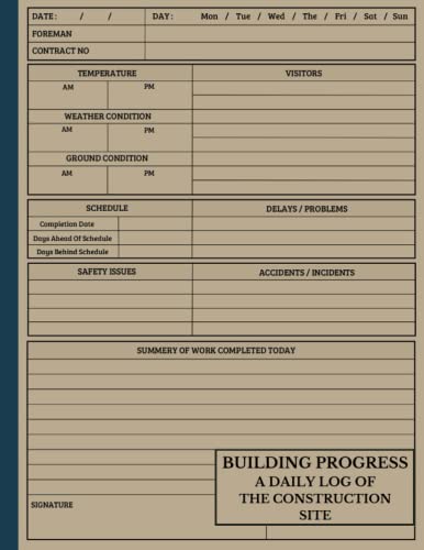 Building Progress, A Daily Log of the Construction Site: Track and manage all site activities with One tool | Report on Daily Activity at a Construction Site | Quick-Fill | 150 pages, 8.5 " x 11" A4