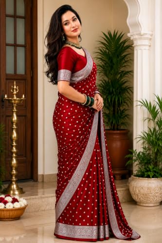 Image of Women's Glory Banarasi Satin Silk Saree with Rich Gold Silver Zari Floral Embroidery | Kanjivaram Style | Traditional Wedding & Festive sadi with Contrast Border