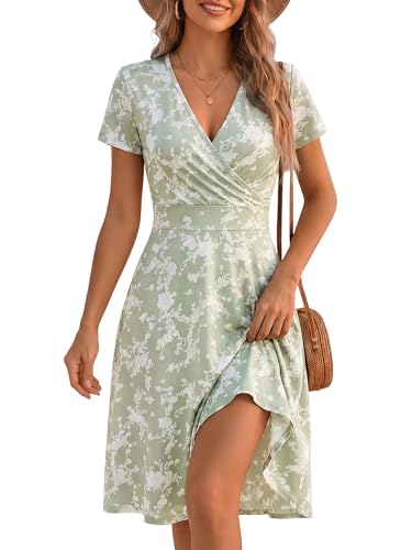 Image of MSBASIC Womens Summer Wrap V Neck Casual Dresses Floral Short Sleeve A-Line Midi Sundress