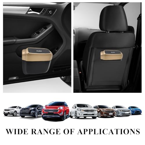 Image of Car Trash Can with Lid, Mini Hanging Push Car Garbage Container with 30 Trush Bags, Portable Leakproof Rubbish Organizer for Most Vehicles Office Home, Car Accessories (Golden)