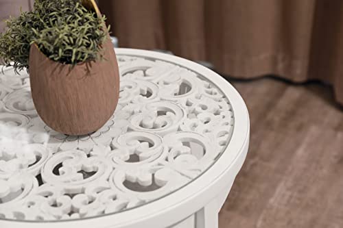 Finecasa Round End Table, Boho Carved Solid Wood Furniture,Wooden Side Table With Shelf, Bedside Table, Antique Décor For Living Room Bedroom, Moroccan Table, Tea Table, 22X24.5 Inch, Whitewash #TOP2