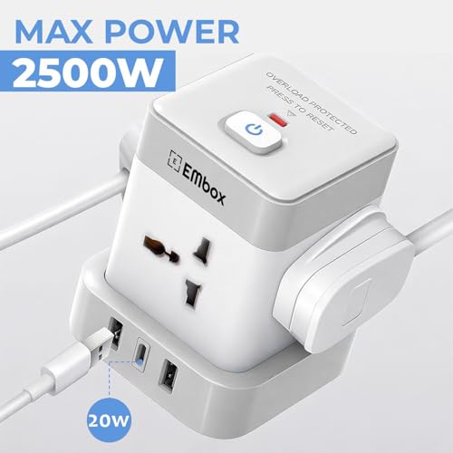 Image of EMBOX Cube Extension Board with USB Type C | 2500W Extension Board with Switches | Extension Cord with 4 Universal Sockets Safety Shutter & Overload Protector (4 Socket + 3 USB- 2mtr (20W-White))