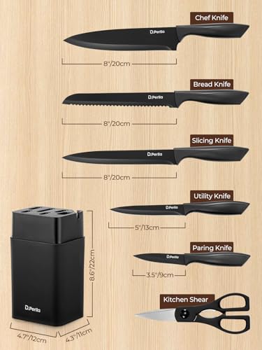D.Perlla Messerblock mit Messer, 7-TLG Scharf Edelstahl Messerset mit Block und Integriertem Messerschärfer, Ergonomischer und Rutschfester Griff, Für alle Küchenmesserset, Schwarz