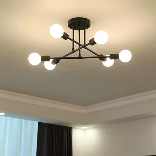 Plafonnier industriel noir Sputnik à 6 lampes E27 pour salon