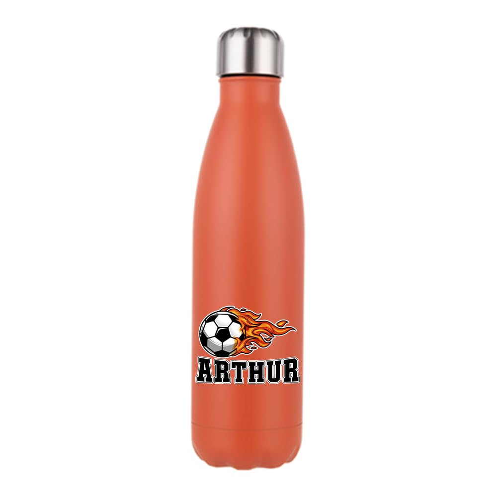 Personalised Sports Accessories, Custom Name Football Flame Design – Gift for Kids, Football Fans - School, Sports, 500 ML Double Walled Insulated Stainless Steel Bottle. (Matt Orange)