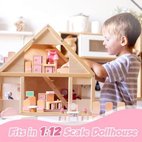 Image of 22 Pcs Dollhouse Furniture Wooden Dollhouse Furniture Set Miniature Playhouse Doll House Accessories with Living Room Bedroom Bathroom Kitchen for Girls Boys