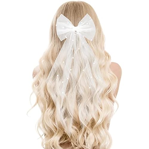 Bridal Pearl Hair Bow Veil Bridesmaid Large Hair Bow Wedding Veil with Barrette Bachelorette Party Decorations Bridal Bridesmaid Gift (White)