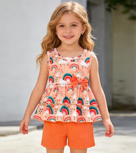 Image of Girls 2 Piece Outfit Summer Short Set Sleeveless Bow Knot Tank Top and Shorts Cute Clothes for Toddler Girls