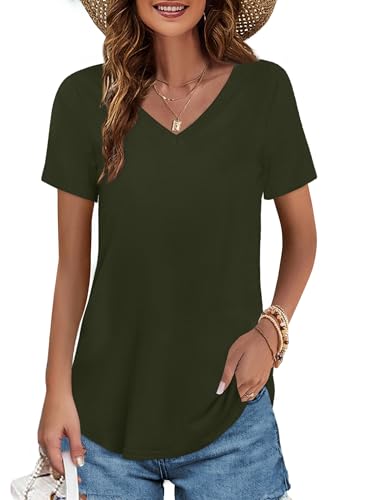 Image of Elesomo Womens T Shirts V Neck Summer Short /Long Sleeve Cotton Tops Tees