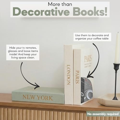Image of Faux Book Storage Box Set of 3-Green /Beige /Beige-Decorative Faux Books with Hidden Storage for Coffee Table Decor, Bookshelf or Mantle-Linen Decorative Boxes-Aesthetic Book Decor for Home