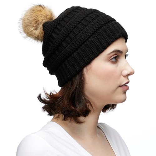 Image of CC Fur Pom Winter Fall Chunky Stretchy Cable Knit Beanie Hat