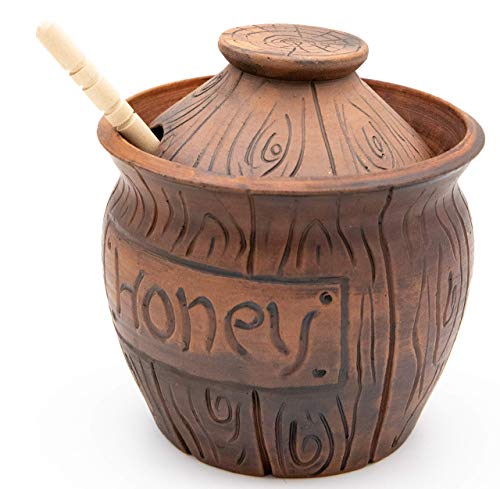 Honey Jar With A Dipper 16Oz. Ceramic Honey Pot Made Out Of Solid Clay Piece. Honey Container, And A Great Rustic Bowl For Gift (Brown) - Ceramic Beehive Honey Pot With Dipper. #TOP4