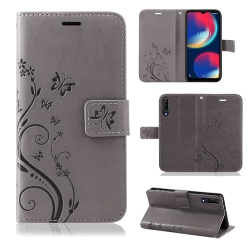 betterfon Étui de protection, compatible avec Wiko View 4/View 4 Lite, en cuir synthétique, portefeuille, pour View 4/View 4 Lite, motif de fleurs, gris