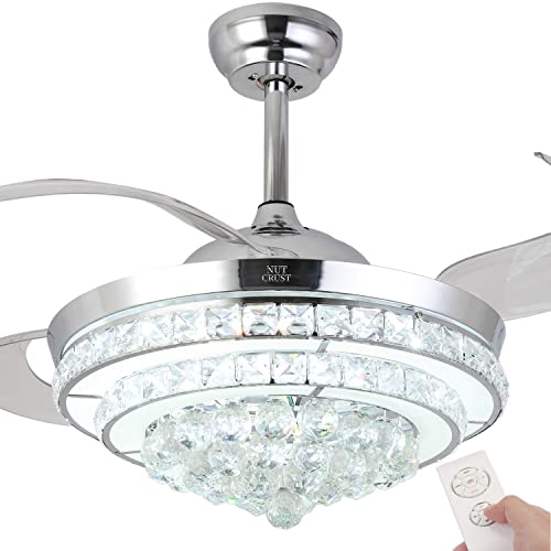 One-Day Sale: Up to 60% Off NUTCRUST Retractable Crystal Ceiling Fan, 3 Light Change LED Silent Fan Chandelier with Remote Control, Modern Invisible Ceiling Fan with Light 36W 42 Inch (Silver, Modern)