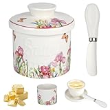 YYTECH Butterglocke Keramik mit Buttermesser, Französische Butterdose Mit Wasserkühlung, Butterdosen Mit Deckelf, Buttertopf Für Frische Und Streichfähige Butter (Geblümt, 6.7oz)
