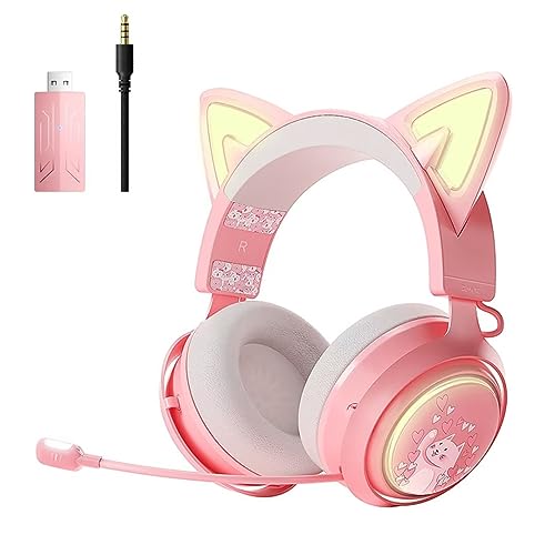 Top 10 Best Cat Ear Headphones for Every Music Lover 8 SOMIC Cat Ear Headphones, 2.4G/Bluetooth Wireless Gaming Headset for PS5, PS4, PC with RGB Lights and Retractable Mic, 10Hrs Playtime, 7.1 Surround Sound for Laptop, Smartphone-GS510 Pro - Pink