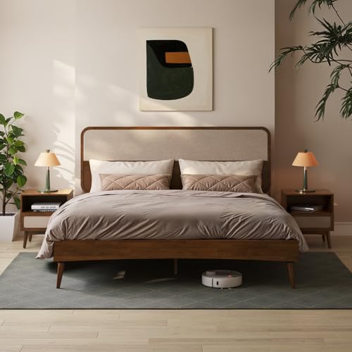 Image of Bme Calista Nightstand 1 Drawer - Solid Wood Chestnut Finish Bedside Table with Open Shelf & Fabric Panel Drawer, Mid-Century Modern Style with Tapered Legs, Easy Assembly