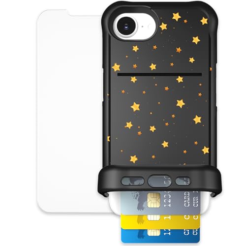Scooch for iPhone 16e Case with Card Holder, Wingmate Wallet Case with Hidden Card Slot and RFID Protection for up to 4 Cards, 10-Foot Drop Protection, Screen Protector Bundle, Gold Stars