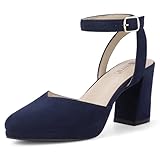 IDIFU Women's Navy Blue Platform Slingback Ankle Strap Heels - Comfortable Low Chunky Block Dressy Wedding Bridal Party Dress Pumps - Pointed Toe (Navy Blue 8 M US)