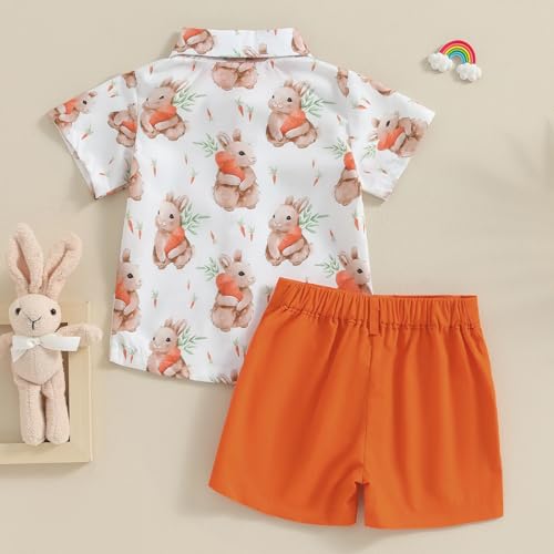 SAYOO Baby Boy Easter Outfit Bunny Short Sleeve Gentleman Button Down Shirts Solid Shorts Toddler Boys Party Bow Tie Suit (Orange, 3-4T) - Thumbnail 3