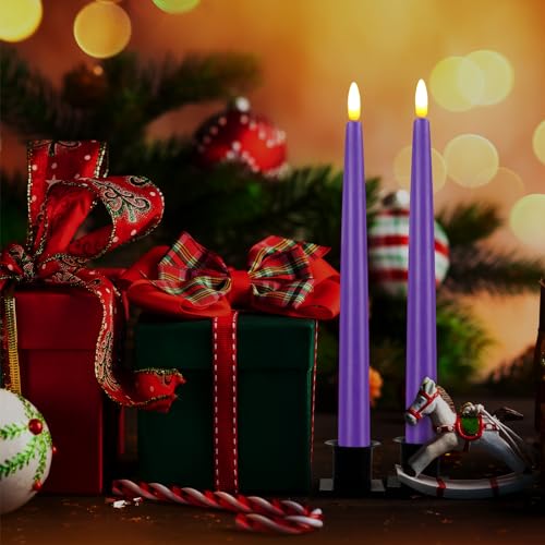 Image of CVHOMEDECO. Flameless Taper Candles with 10-Key Remote, Battery Operated Led Flickering 3D Wick Window Candles Real Wax Finished Home Christmas Party Decor 0.78 x 11 Inch, Pack of 2, Purple