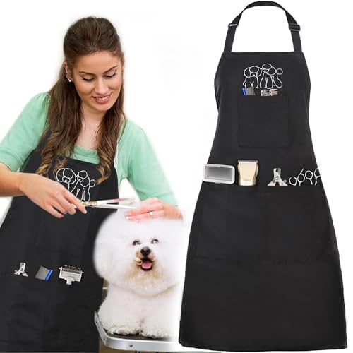 Noverlife Dog Grooming Apron with 4 Pockets, Hair Resistant Grooming Apron for Dog Groomers 34 Inch Long Pet Bath Pinafore, Multi Function Pet Pinafore with Adjustable Strap for Puppy Cat Shop