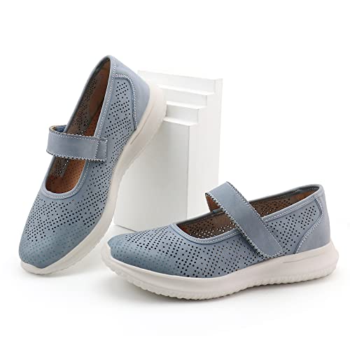 Jabasic Women Genuine Leather Slip On Loafers Lightweight Breathable Flats Shoes (9,Blue) #TOP3