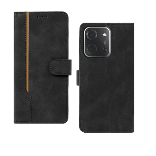 Image of amazon basics Poco C85 5G Flip Cover | Card Pockets Wallet & Stand | Flip Cover for Poco C85 5G (Black with Beige Strip)