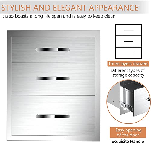 Image of 14''W x 21''H x 23''D Outdoor Kitchen Triple Access Drawers Stainless Steel, Flush Mount BBQ with Handles BBQ Island for Outdoor Kitchens or Patio Grill Station